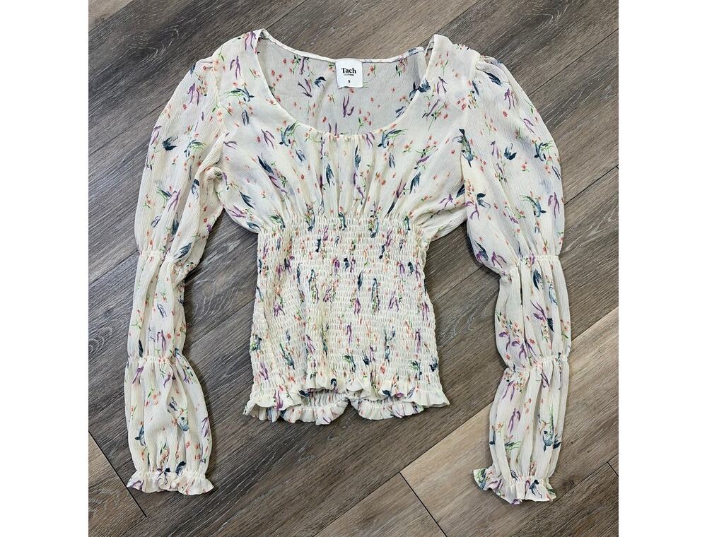 Tach Clothing Smocked Floral Blouse Womens Small Cottagecore Puff Sleeve Top